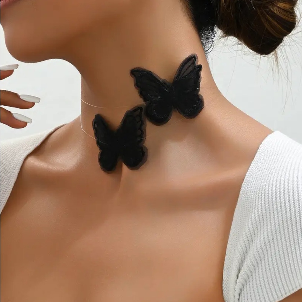 Black Embroidered Butterfly Choker Necklace